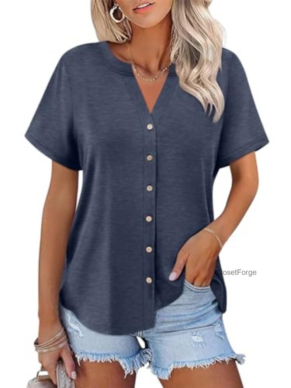 Womens Short Sleeve Button Down V Neck Blouse Stretchy